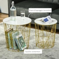 Set 2 Tavolini da Salotto Moderni Impilabili con Ripiano Rimovibile, Tavolino da Caffè con Contenitore per Soggiorno e Camera, Bianco Oro