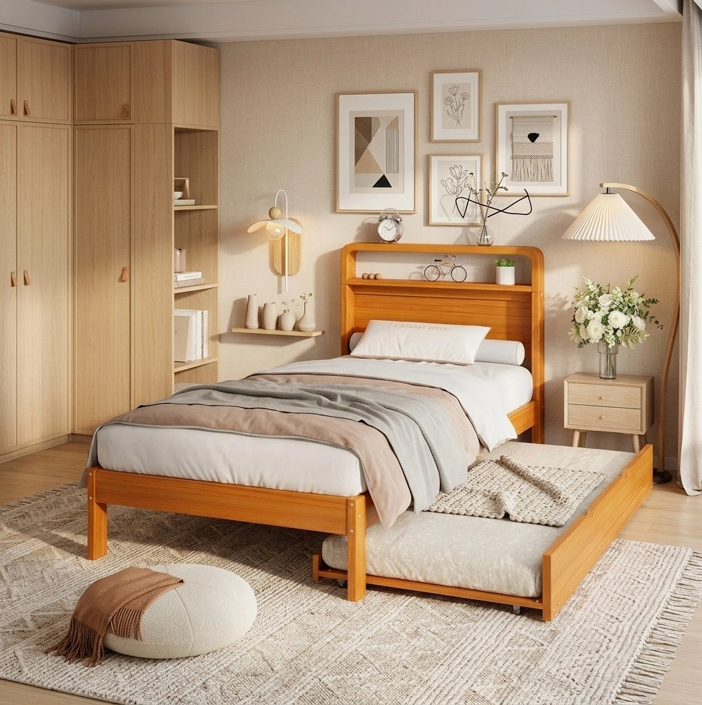 Letto 90x200 cm con letto estraibile 90x190 cm; testiera arrotondata in legno colore naturale
