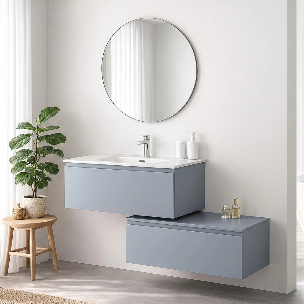 Mobile bagno sospeso 90 cm azzurro con lavabo integrato e cassetto Nuvola