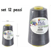 Trade Shop - Set 12 Pz Filati A Cono Filo Poliestere Cucito 3000y 40s/2 Grigio Cotone -19 -