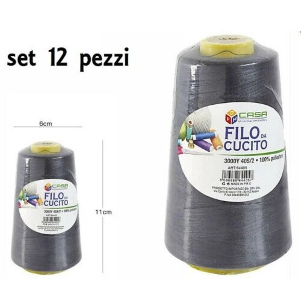Trade Shop - Set 12 Pz Filati A Cono Filo Poliestere Cucito 3000y 40s/2 Grigio Cotone -19 -