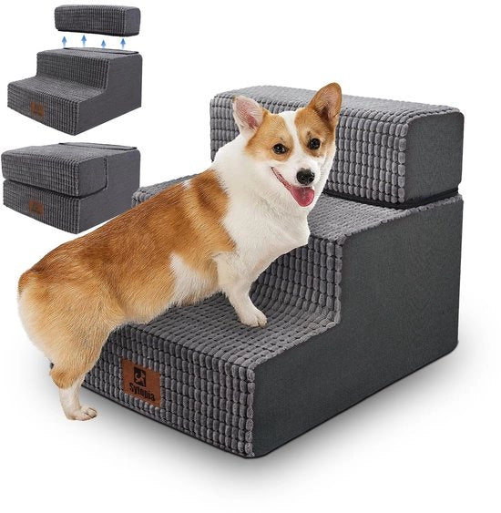 Scalino per cani da letto e divano per piccoli cani, altezza 40 cm, 3 gradini, scalino per cani lavabile, scalino in schiuma, per cani anziani o feriti (34 cm altezza, colore grigio)