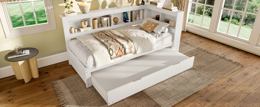 DESMIU Divano letto 90 × 200 cm 1 posto con presa, 2 porte USB e letto estraibile, senza materasso, bianco