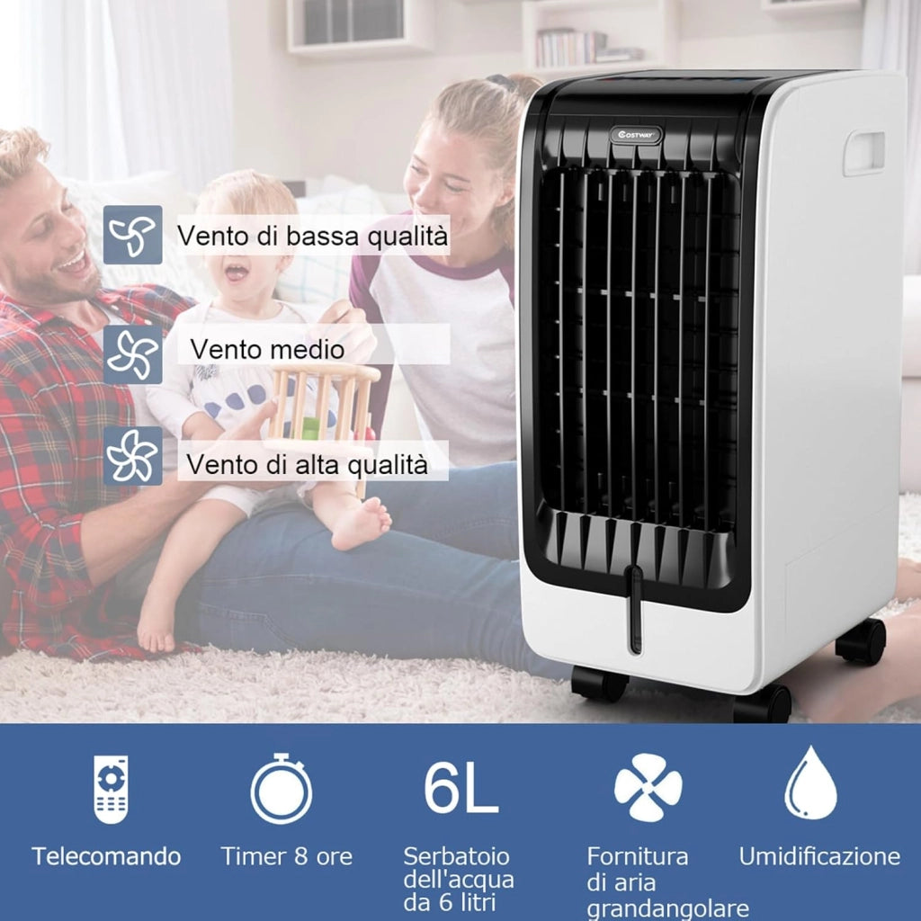 Condizionatore Climatizzatore Portatile Raffrescatore Evaporativo, con Telecomando, Funzione Raffreddatore e Umidificatore, Serbatoio Acqua 6L, 230V