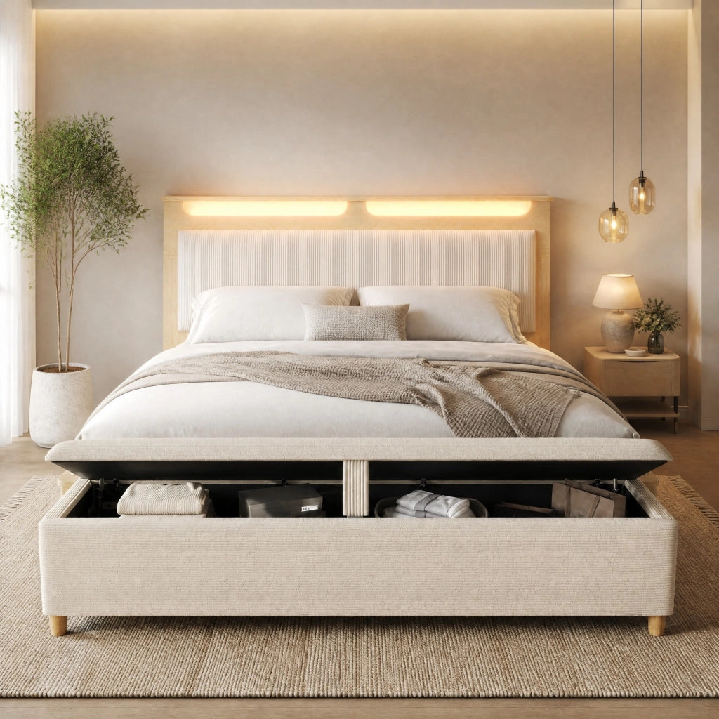 LETTO 140x200 cm in legno e corda beige con materasso incluso e panca contenitore