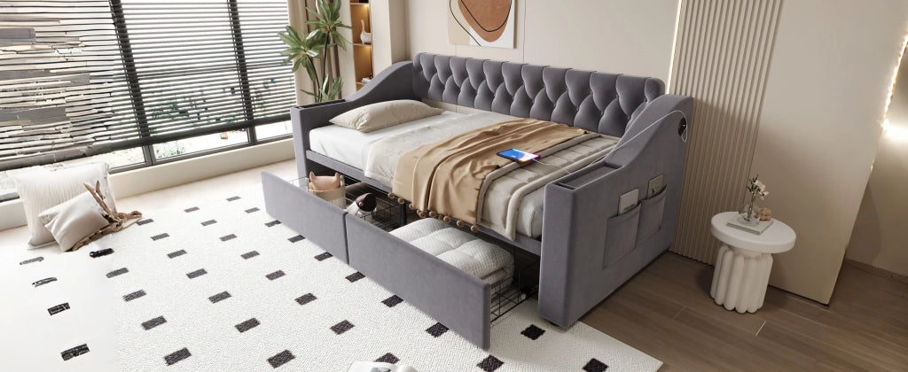 DESMIU Divano letto 90 × 190 cm 1 posto con 2 cassetti, porta USB e Type-C, senza materasso, in velluto, grigio