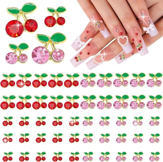 50 pezzi di imitazione di ciliegie 3D in rosso e rosa lucido per acconciature di nail art set di design di unghie