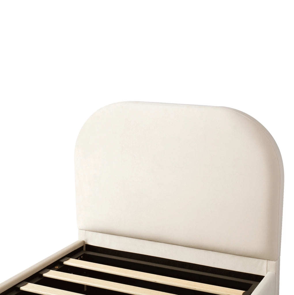 Letto singolo imbottito in velluto beige con contenitore idraulico e testiera