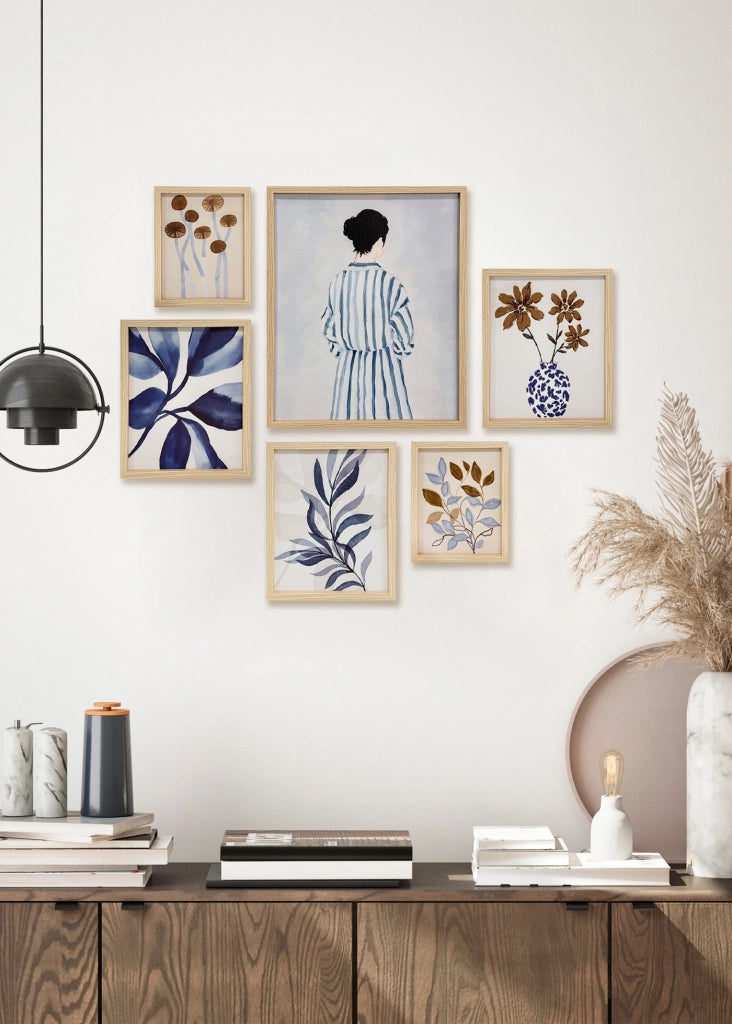 Set 6 stampe Hispanohogar incorniciati botaniche blu e beige 50x40