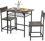 Set da Pranzo per 2 Persone, Set da 3 Pezzi di Tavolo Rettangolare in Legno e Sedie con Struttura in Metallo e Ripiano di Stoccaggio, per Angolo Colazione e Sala da Pranzo (Grigio)