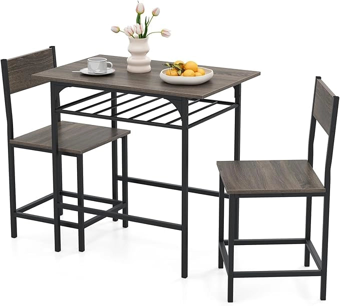 Set da Pranzo per 2 Persone, Set da 3 Pezzi di Tavolo Rettangolare in Legno e Sedie con Struttura in Metallo e Ripiano di Stoccaggio, per Angolo Colazione e Sala da Pranzo (Grigio)