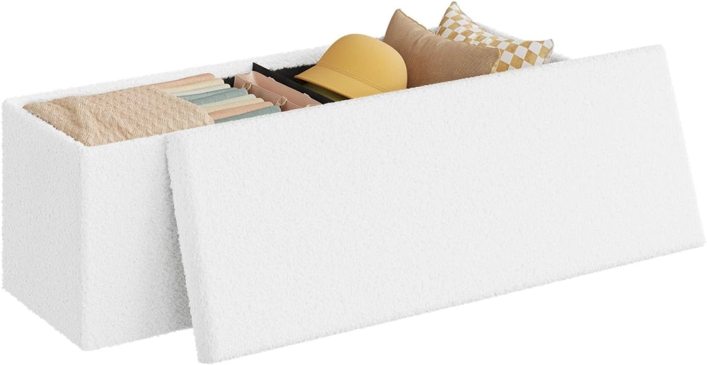 Cassapanca Contenitore da Interno, Pouf Poggiapiedi Pieghevole, con Pannello Divisorio, Rivestimento in Tessuto Teddy, per Camera da Letto, Ingresso, Soggiorno, 110x38x38,5 cm, Beige