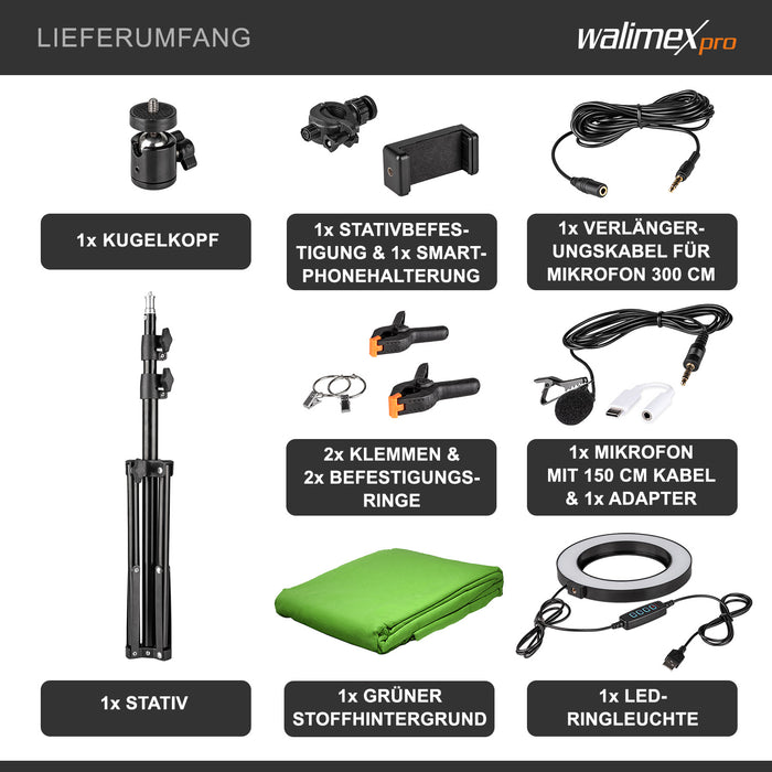 Walimex Set green screen per studio fotografico, sfondo verde, treppiedi, ring light, microfono per foto e video, incl accessori