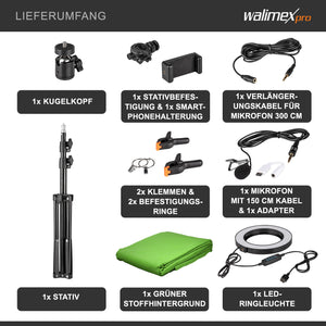 Walimex Set green screen per studio fotografico, sfondo verde, treppiedi, ring light, microfono per foto e video, incl accessori