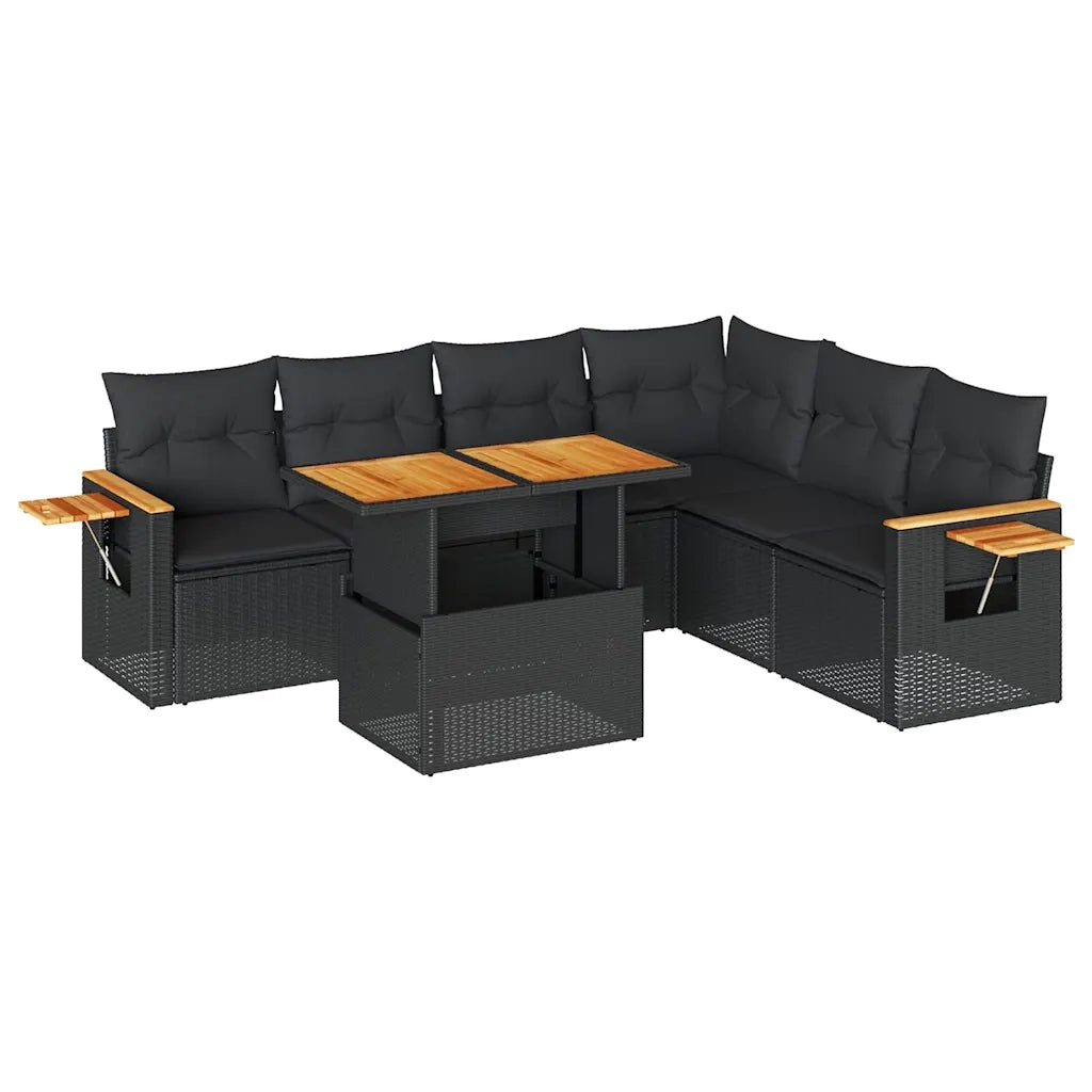 Set Divani da Giardino con Cuscini 7pz Nero Polyrattan Acacia