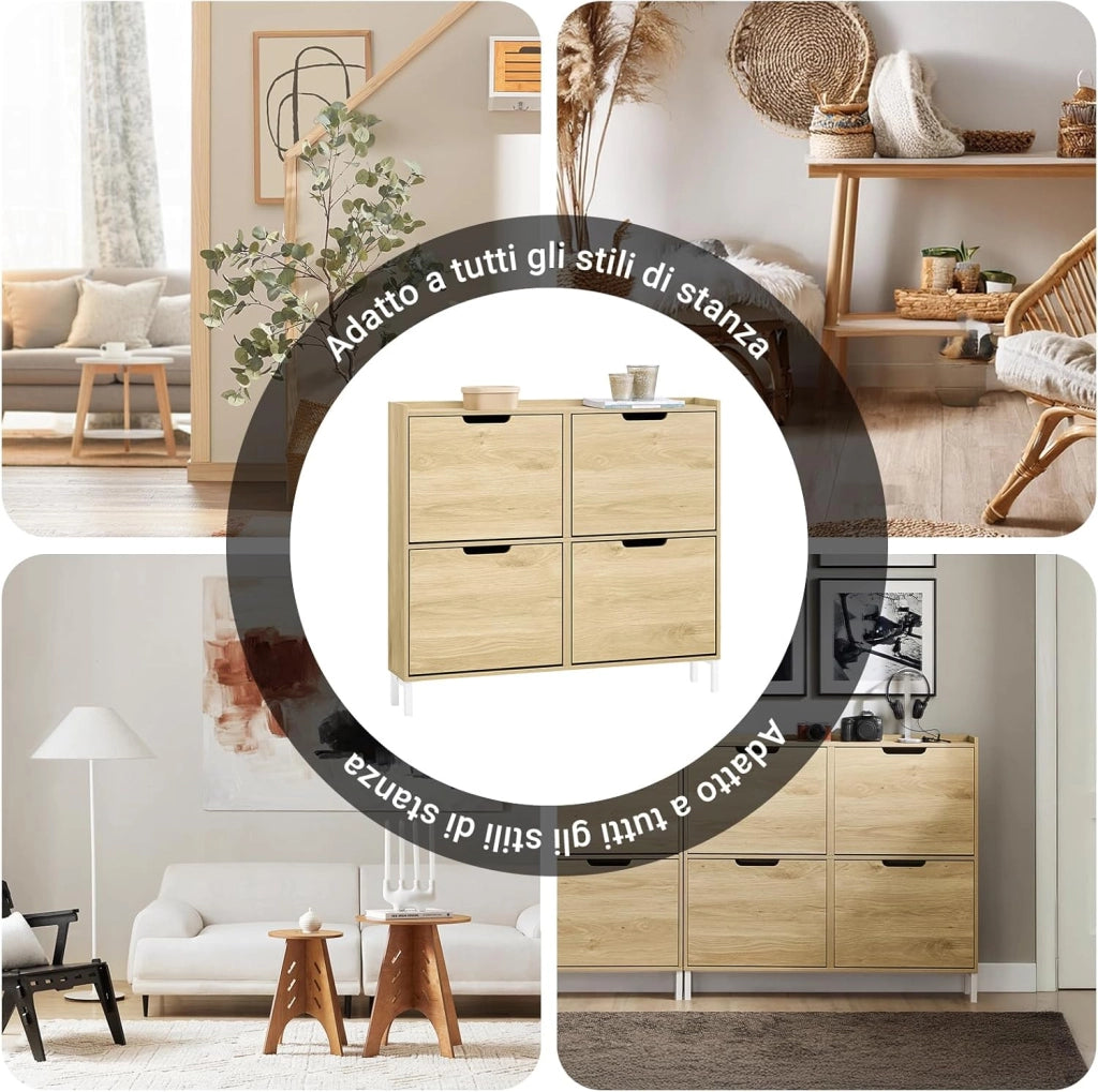 Scarpiera Salvaspazio Slim da Ingresso – Mobile Portascarpe con 4 Ante a Ribalta Regolabili in Legno – Armadio Scarpiera Alta e Stretta per Bagno o Corridoio, 100x19x91 cm，Naturale, FSR100-N