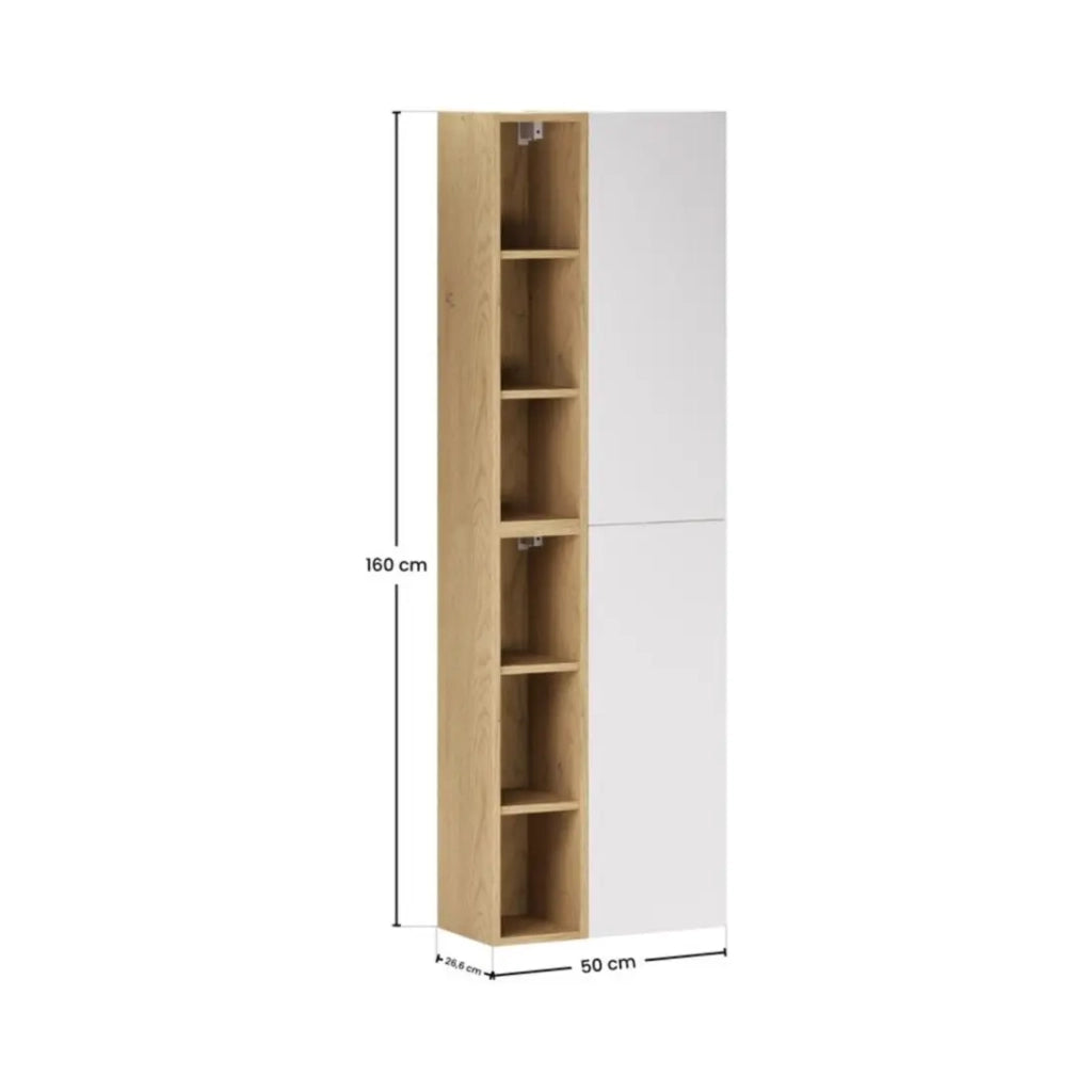 Mobili modulari da parete OSTER 50cm – mobile sospeso bianco opaco con 1 porta e 6 nicchie visibili in rovere chiaro