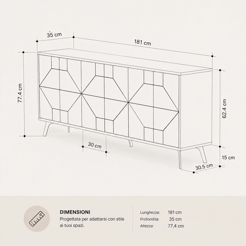 Madia con 6 Ante Credenza Design Geometrico Moderno in Legno 184x77 cm Bianco