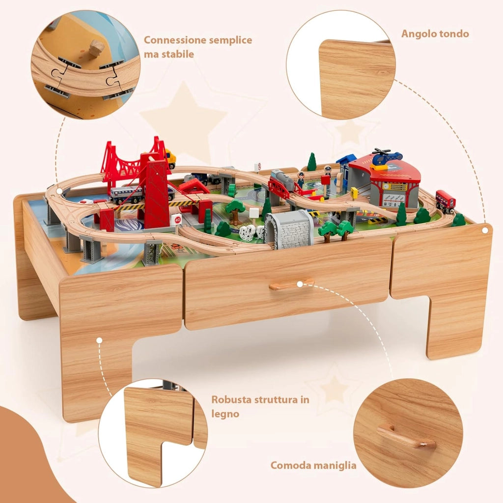 Tavolo e Set Treno Giocattolo in Legno, Set da Gioco Creativo Treni e Binari per Bambini con 100 Pezzi, Trenino per Bambini Anni 3+