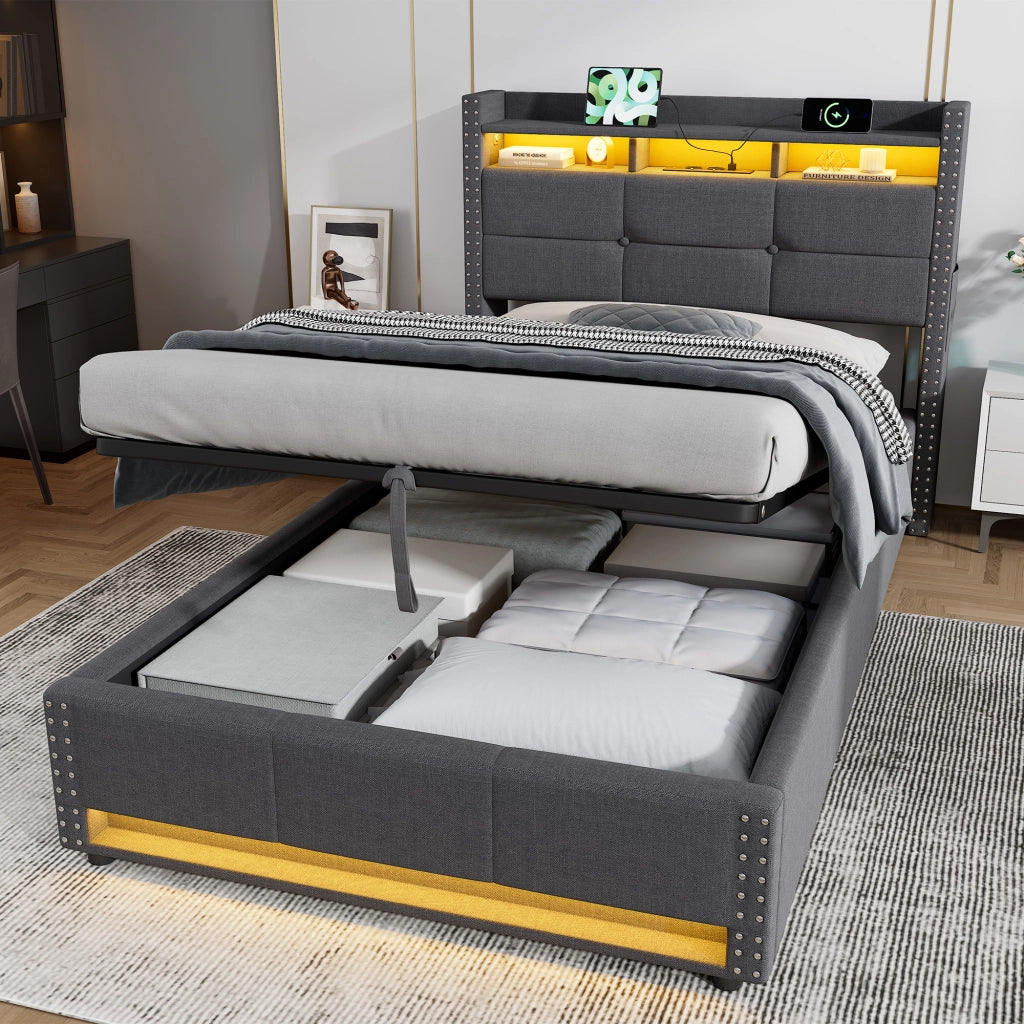 Letto singolo contenitore imbottito grigio scuro 90x200 cm con LED e ricarica USB