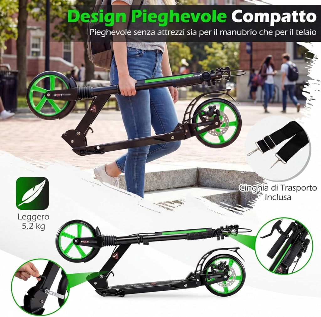 Monopattino Bambini e Adulti, Monopattino a Spinta Pieghevole e Regolabile in 3 Altezze, Monopattino Portatile con 2 Ruote, Cavalletto, Freno e Pedale Antiscivolo, Portata 100 kg