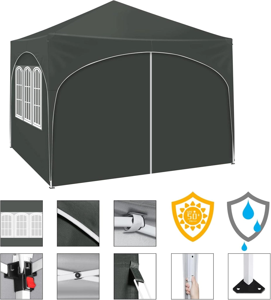 Gazebo Pieghevole da Giardino, Gazebo Idrorepellente Pop Up da 3x3m Pannelli Laterali, Tendone Esterno, Altezza Regolabile, Protezione UV, con Custodia Grigio
