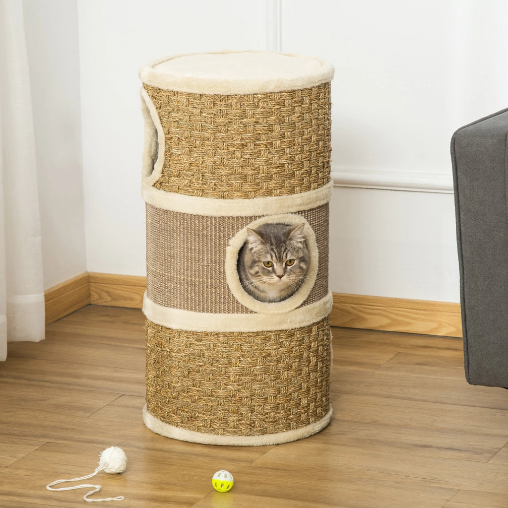 EasyComfort Casetta per Gatti Tiragraffi a Torre 3 Nicchie Corda in Sisal Alga Marina