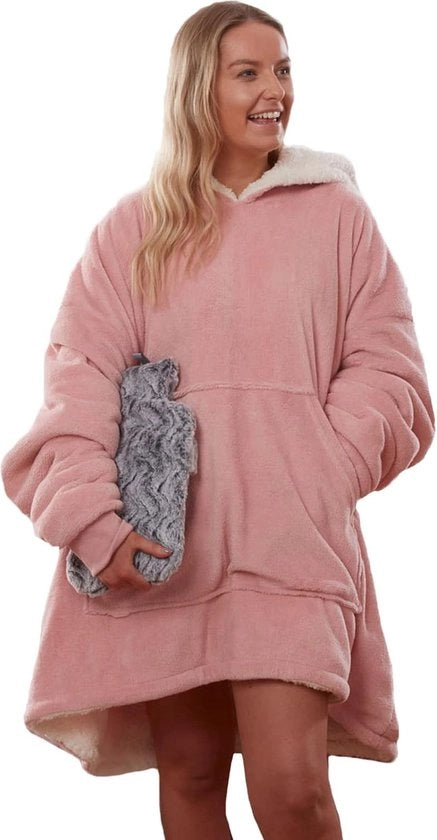 Sweatshirt Ultrafino Sherpa Fleece Caldo Comodo Oversized Indossabile Reversibile Maglione per Donne Ragazze Uomini Ragazzi Bambini Grande Tasca - Rosa