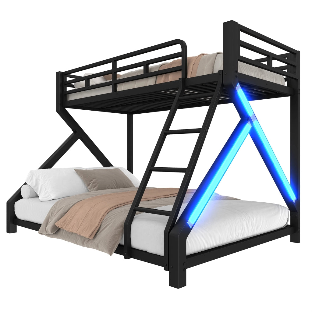 Letto a Castello 90x200 cm e 140x200 cm; LED e Scala - in Metallo - Nero