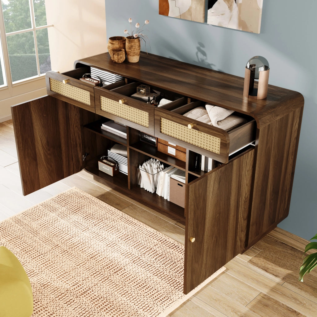 Credenza 120 cm noce con rattan, 3 cassetti e vani