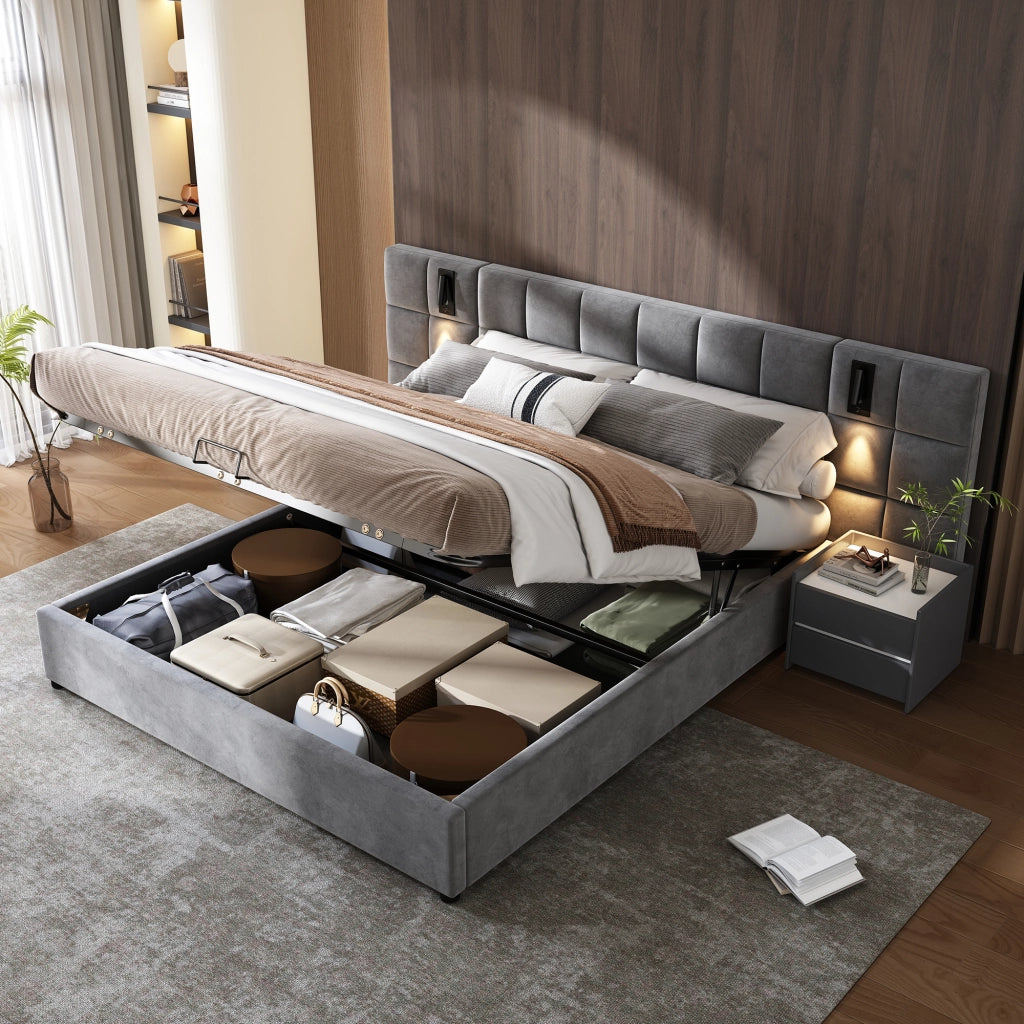 OKWISH Letto Contenitore 180×200 cm, Letto Matrimoniale con Contenitore, Lampada da Lettura Regolabile e USB, senza Materasso, Acciaio, Grigio