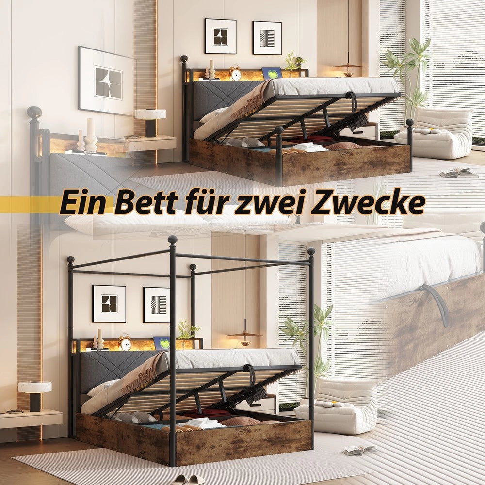 Letto Matrimoniale in Metallo con Baldacchino e Contenitore Idraulico ¨C MINIMAL ¨C Nero 140x190 LED