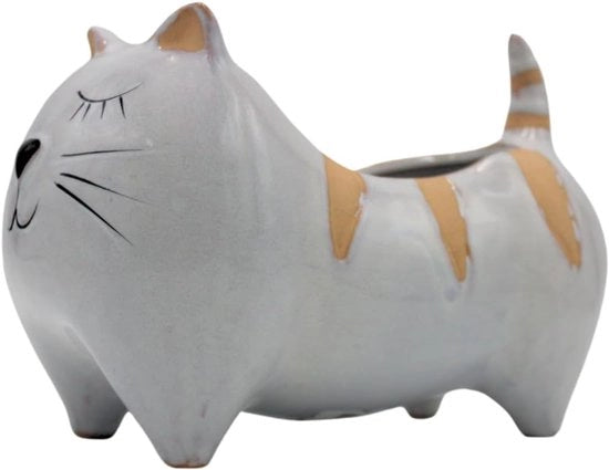 Vaso ornamentale per piante con motivo di gatto in ceramica, scala di colore chiaro - 21x12x14 cm