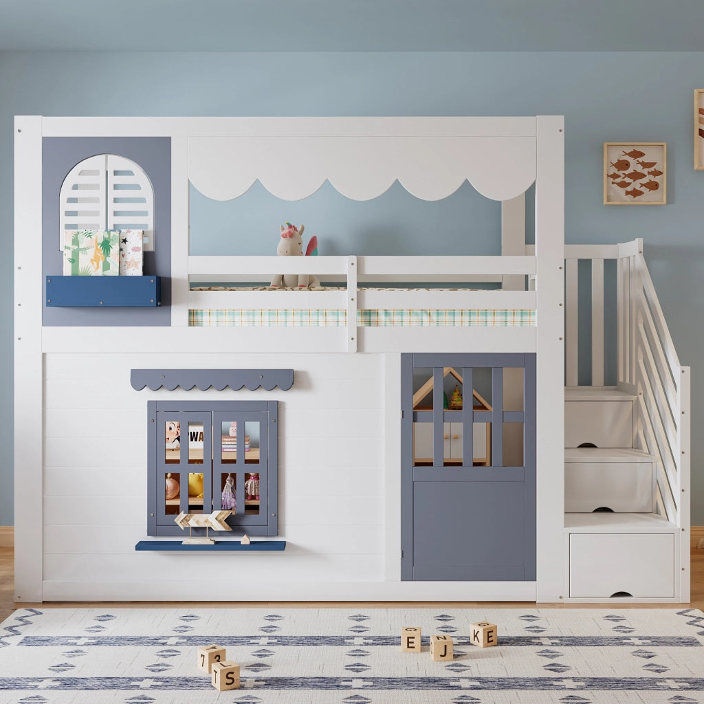 Letto semialto per bambini 90x200 cm con design a casetta; scala contenitore bianco e blu
