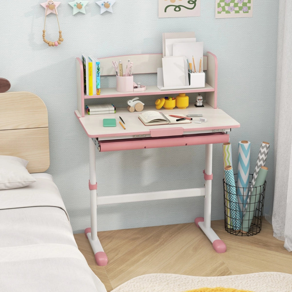 Scrivania da studio per bambini regolabile in altezza con piano inclinabile, Tavolo da scrittura per bambini Rosa