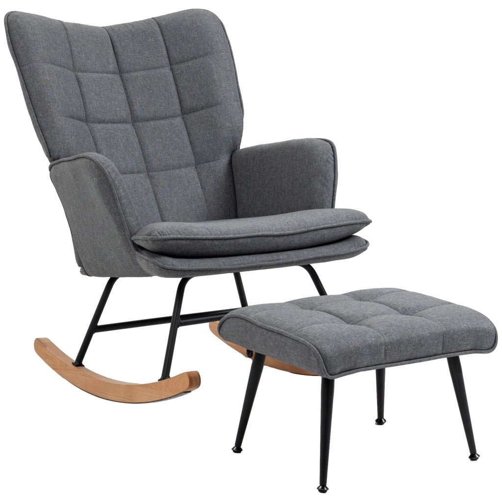 Sedia a Dondolo con Pouf in Tessuto ¨C Zephmum ¨C Grigio, Legno, 130 kg
