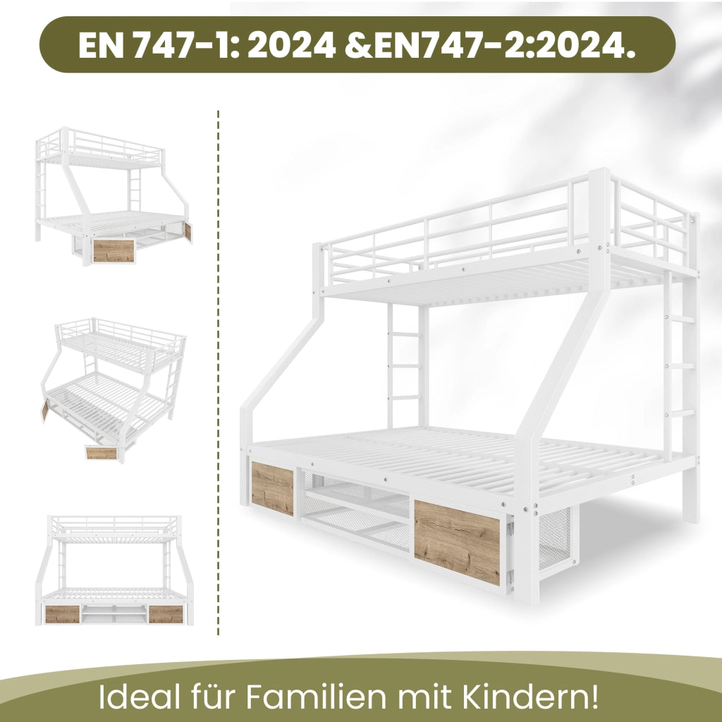 DESMIU Letto a castello per bambini 90 × 200 cm e 140 × 200 cm con scarpiera e vani, senza materasso, bianco