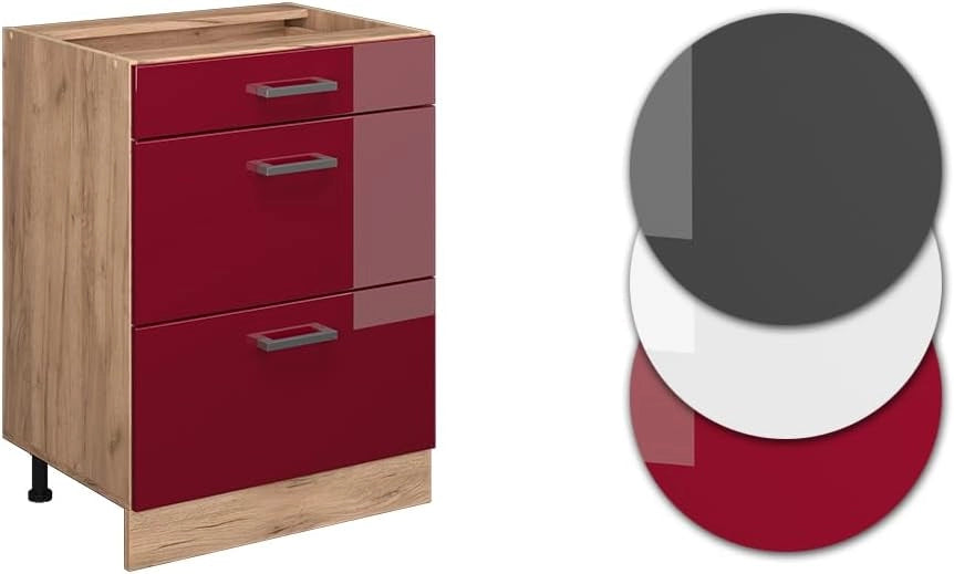 Mobiletto base per cucina R-Line, Rosso lucido, 60 cm con cassetti, senza piano di lavoro, per la libera combinazione all'interno di sistemi cucina modulari