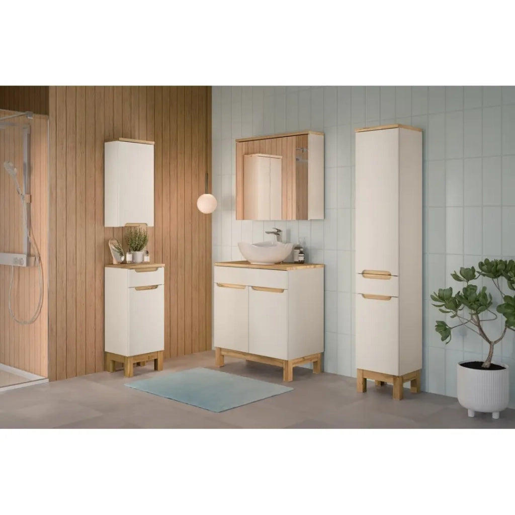 Insieme ERMANO cashmere 150cm: mobile sottolavabo + lavabo da appoggio + mobili sospesi e da appoggio + specchi