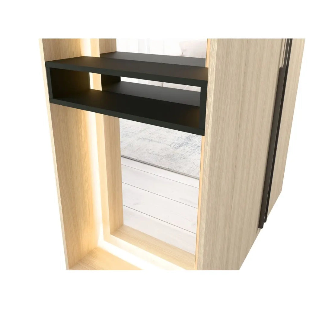 Armadio design SORIA 204 cm in quercia e nero con specchio LED, nicchia e ripiani - 2 ante a battente