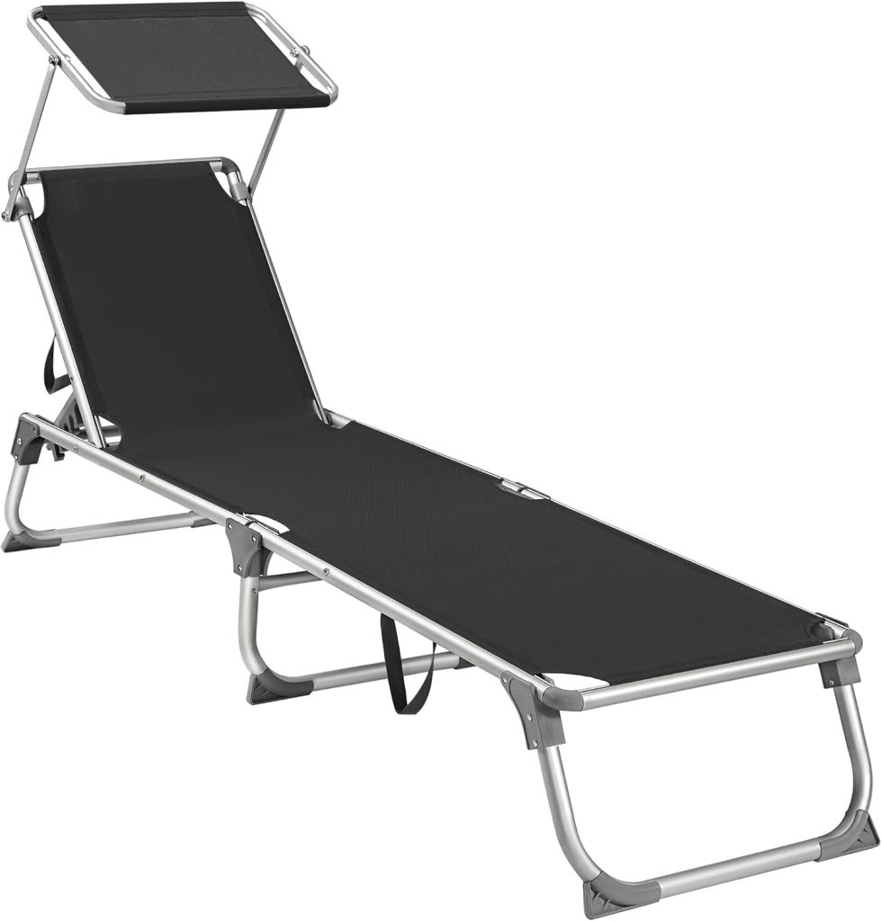 SONGMICS Lettino Prendisole, Sedia a Sdraio Pieghevole in Alluminio, con Parasole e Schienale Reclinabile, 193 x 55 x 31 cm, Max Portata 150 kg, per Terrazzo Piscina Giardino, Tortora GCB19BR