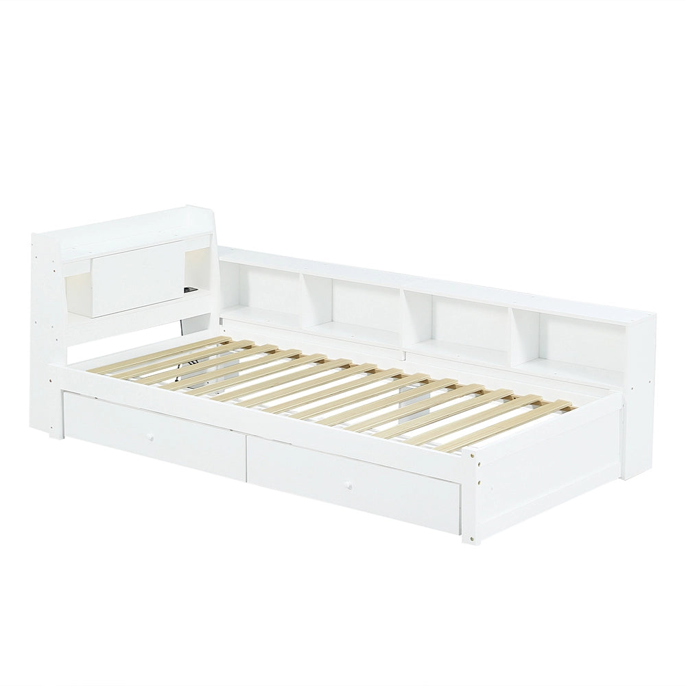 Letto bambino-Xylo-90x200 cm-ripiano, 2 lampade, USB, cassetti, bianco