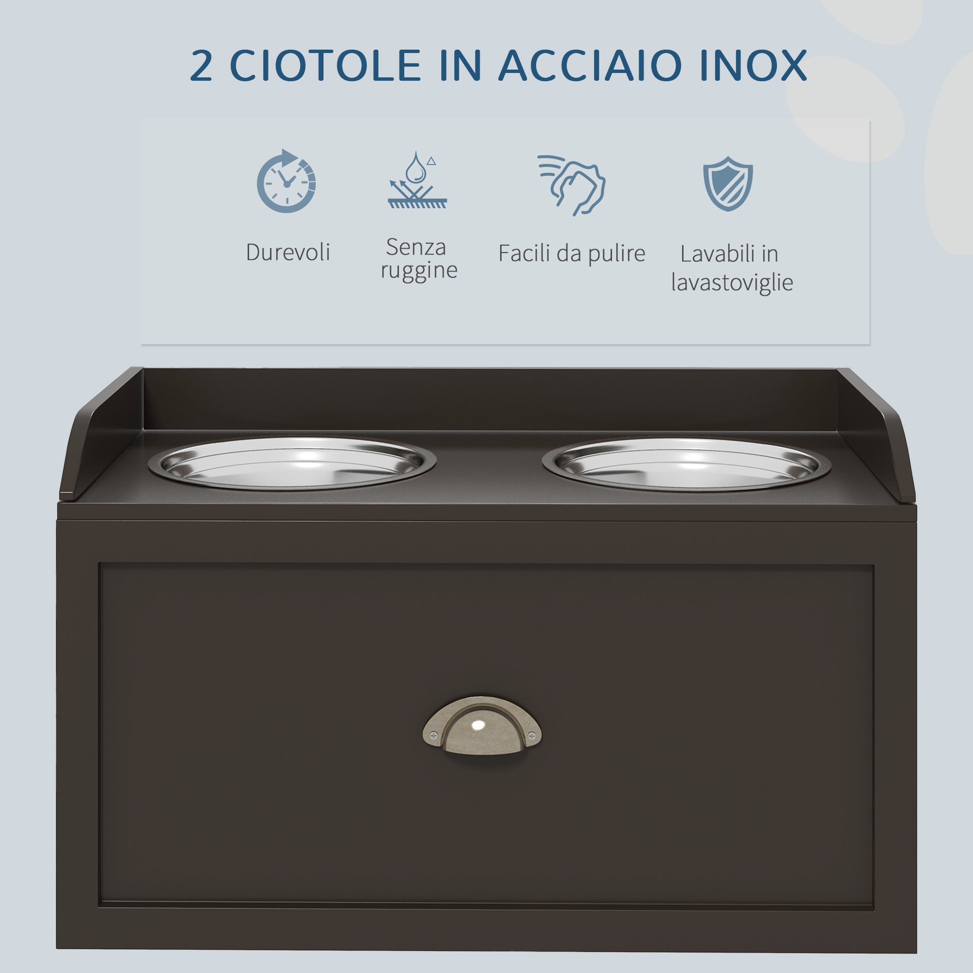 Ciotole per Cani Rialzate 60x30x36 cm in Acciaio Inox e Struttura in Legno con Cassetto Marrone