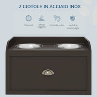 Ciotole per Cani Rialzate 60x30x36 cm in Acciaio Inox e Struttura in Legno con Cassetto Marrone