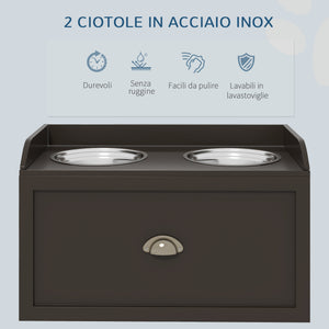 Ciotole per Cani Rialzate 60x30x36 cm in Acciaio Inox e Struttura in Legno con Cassetto Marrone