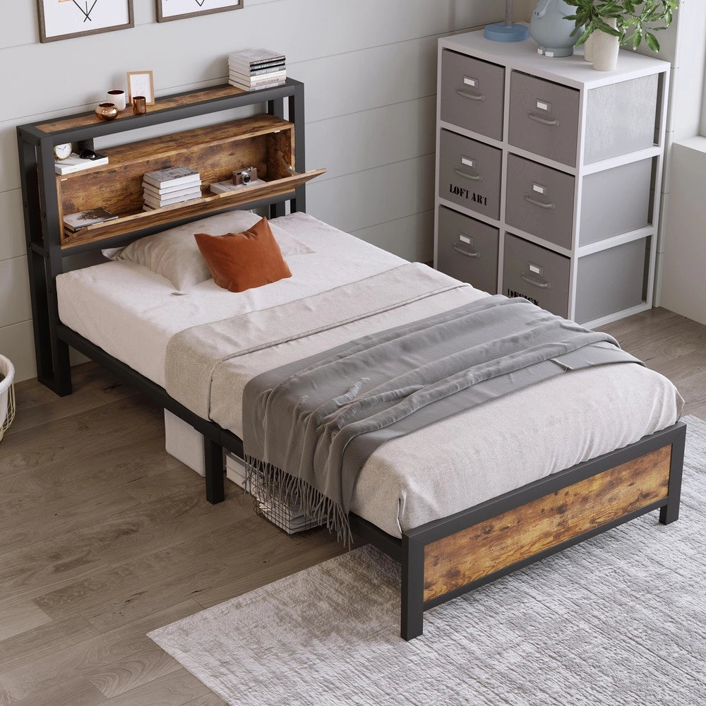 Letto Singolo in Metallo con Testiera Contenitore e Rete a Doghe ¨C MINIMAL ¨C Nero 90x200