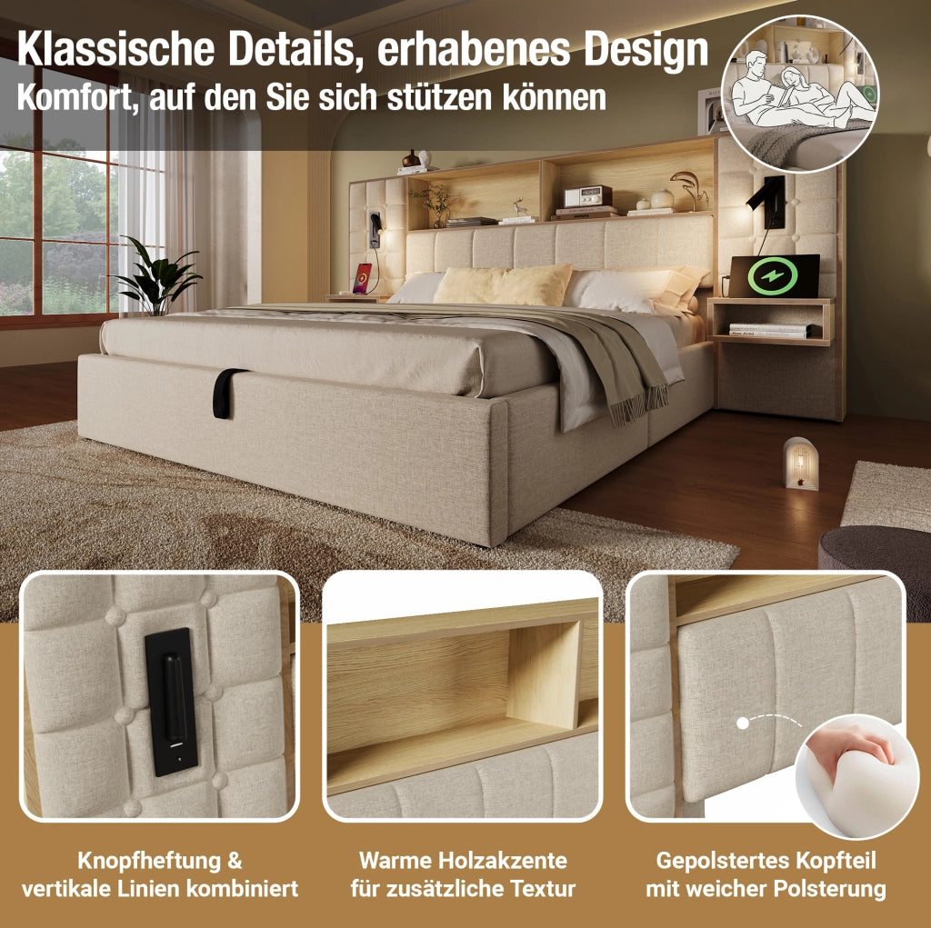 Letto contenitore 160x200 beige con LED, USB-C e comodini