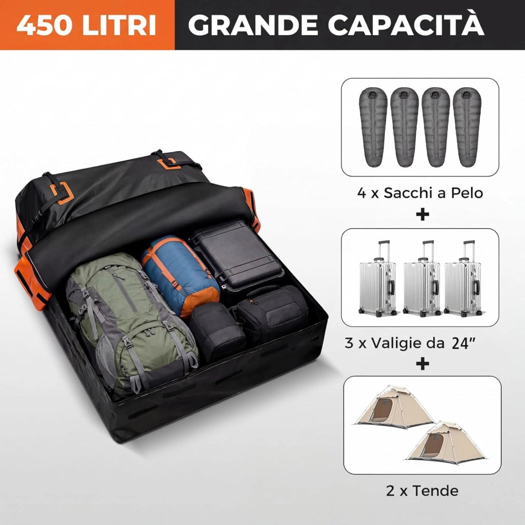 Borsa da Tetto per Auto, Box Portapacchi con Impermeabile e Alta Adattabilità, Baule con Tappetino Antiscivolo, Striscie Riflettenti, Lucchetto e 8 Corde di Fissaggio (450 L,Arancione)