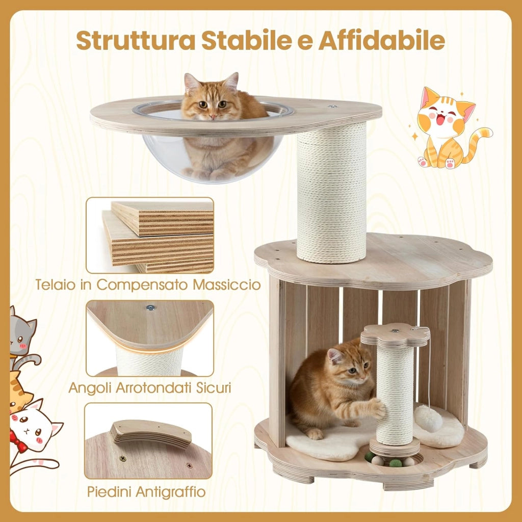 Albero per Gatti Alto 74 cm, Tiragraffi per Gatti in Legno con Condo, Capsula Spaziale, Tiragraffi, Gioco Interattivo con Pista per Palline in Legno, Pallina Appesa e Tappetino Lavabile