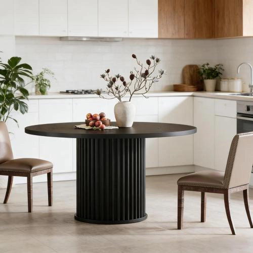 Tavolo rotondo moderno nero per cucina e sala da pranzo, struttura in MDF e base in metallo, fino a 6 posti